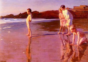 Benito Rebolledo Correa : Children On The Beach At Sunset, Valencia